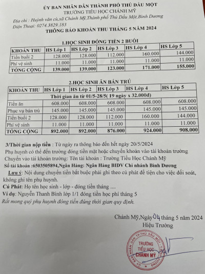 Thông báo thu tiền tháng 05.2024.