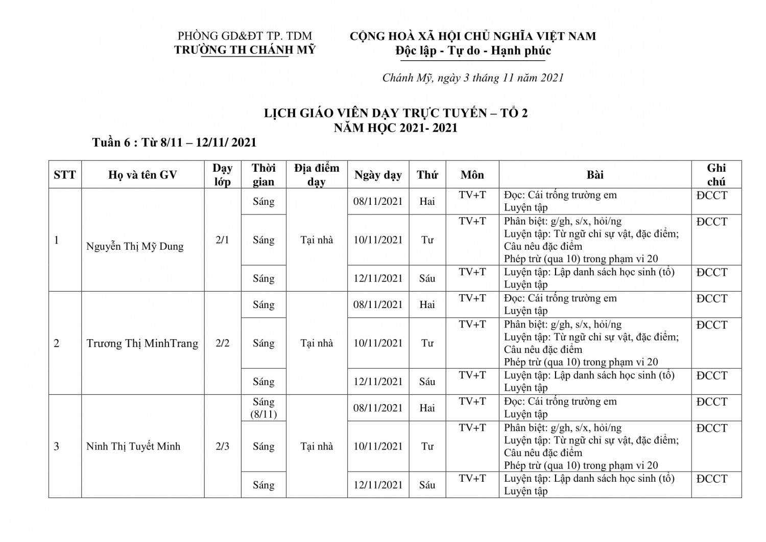 LỊCH DẠY TRỰC TUYẾN khối 2 ( Tuần 6 ) 1
