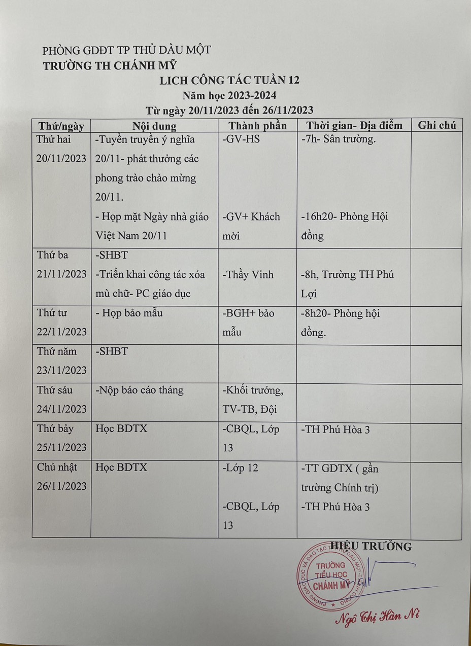 Lịch làm việc tuần 12 ( Từ 20/11/2023- 25/11/2023)