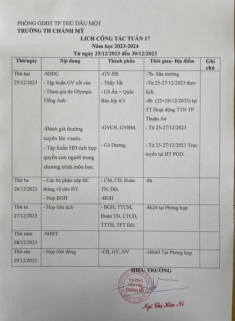 Lịch làm việc tuần 17 ( Từ 25/12/2023- 30/12/2023)