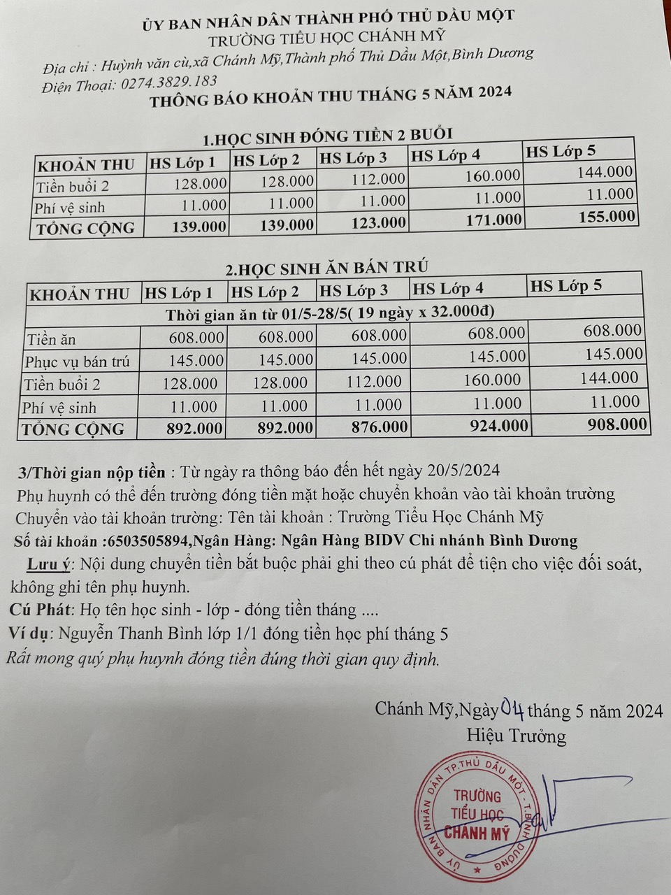 Thông báo thu tiền tháng 05.2024.