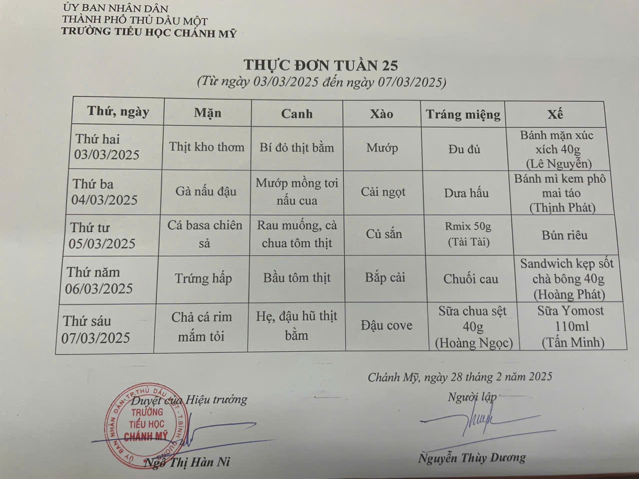 Thực đơn tuần 25 (Từ ngày 03/3  đến 08/03/2025)