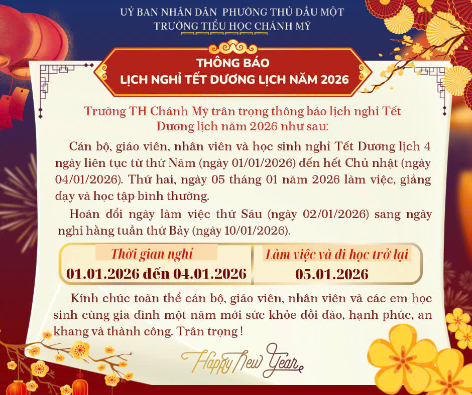 Lịch Nghỉ Tết Dương Lịch 01.01.2026